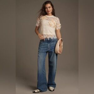 Anthropologie Sunday in Brooklyn Short Sleeve Embellished Lace Top Medium Boho